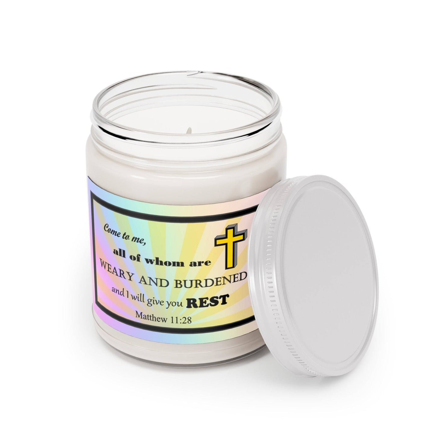 Aromatherapy Candles Biblical Quotes - Vibrant Rainbow Label - Assorted Scents Lid Off- Printspirationz