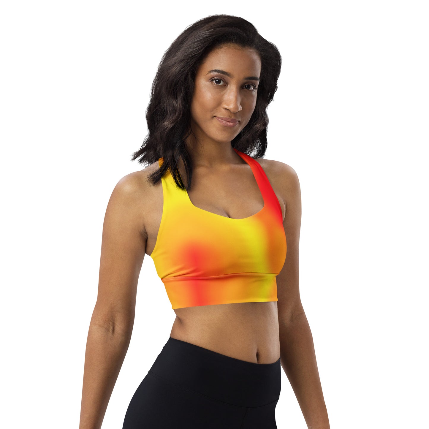 Warm Tones Gradient Longline Sports Bra – Recycled Fabric Ombre Top for Women Polyester Workout Top Fire Activewear