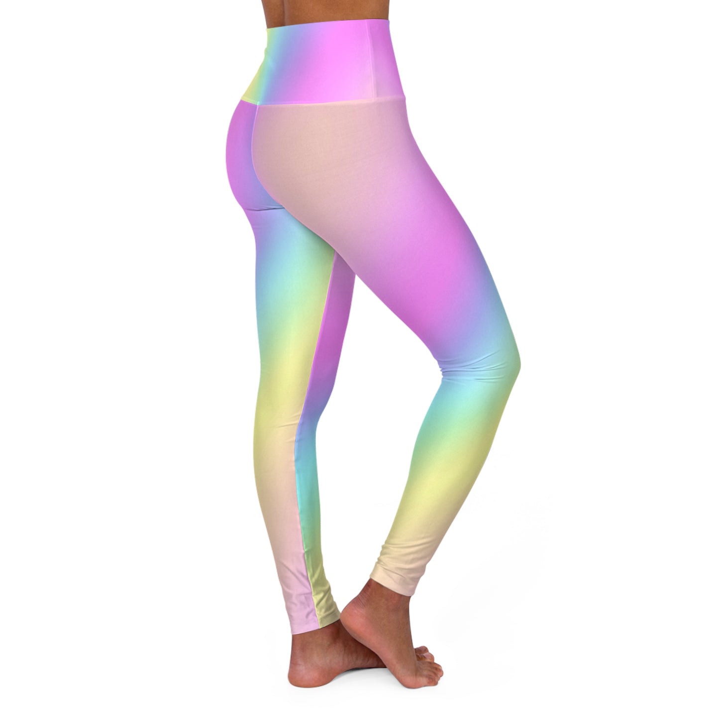 Woman wearing Gradient Pastel Rainbow High Waist Yoga Leggings Right Side View on a White Background - Printspirationz