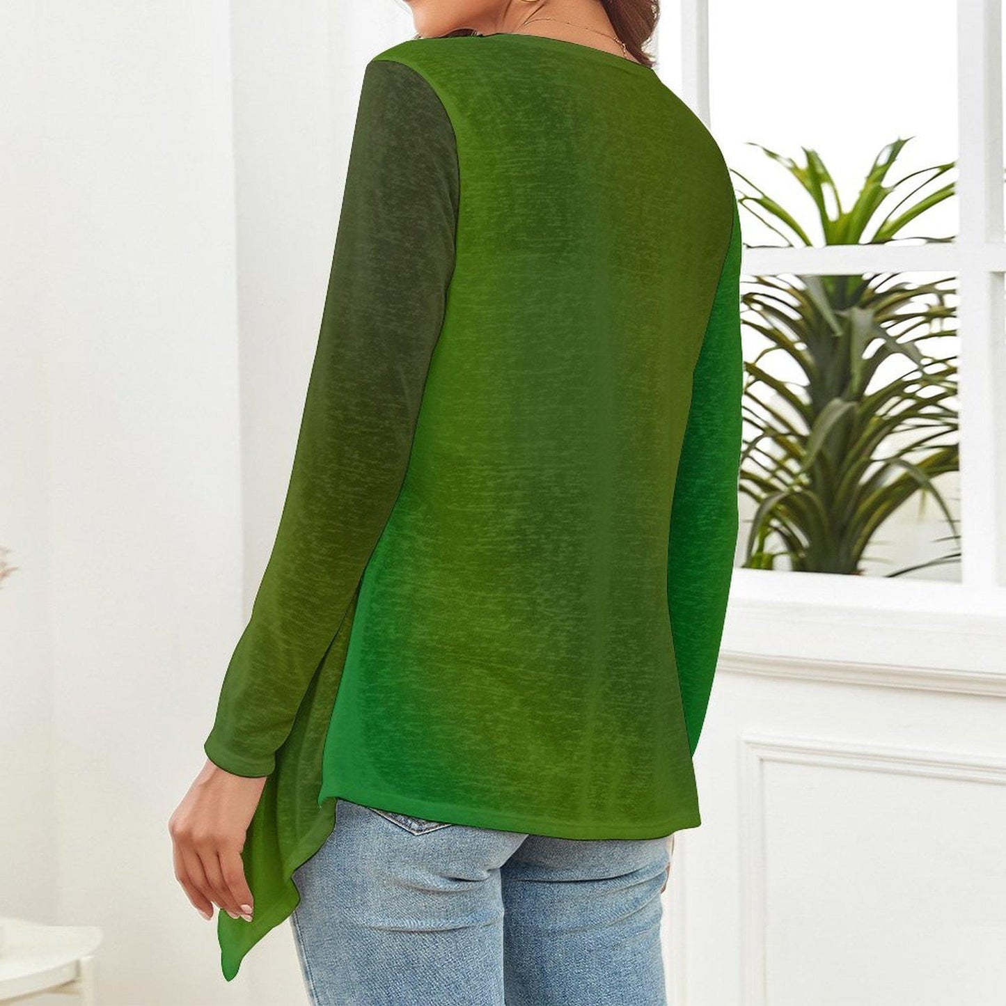 Gradient Dark Green Drop-Shoulder Women’s Open Shirt, Cardigan with Irregular Hem - Printspirationz