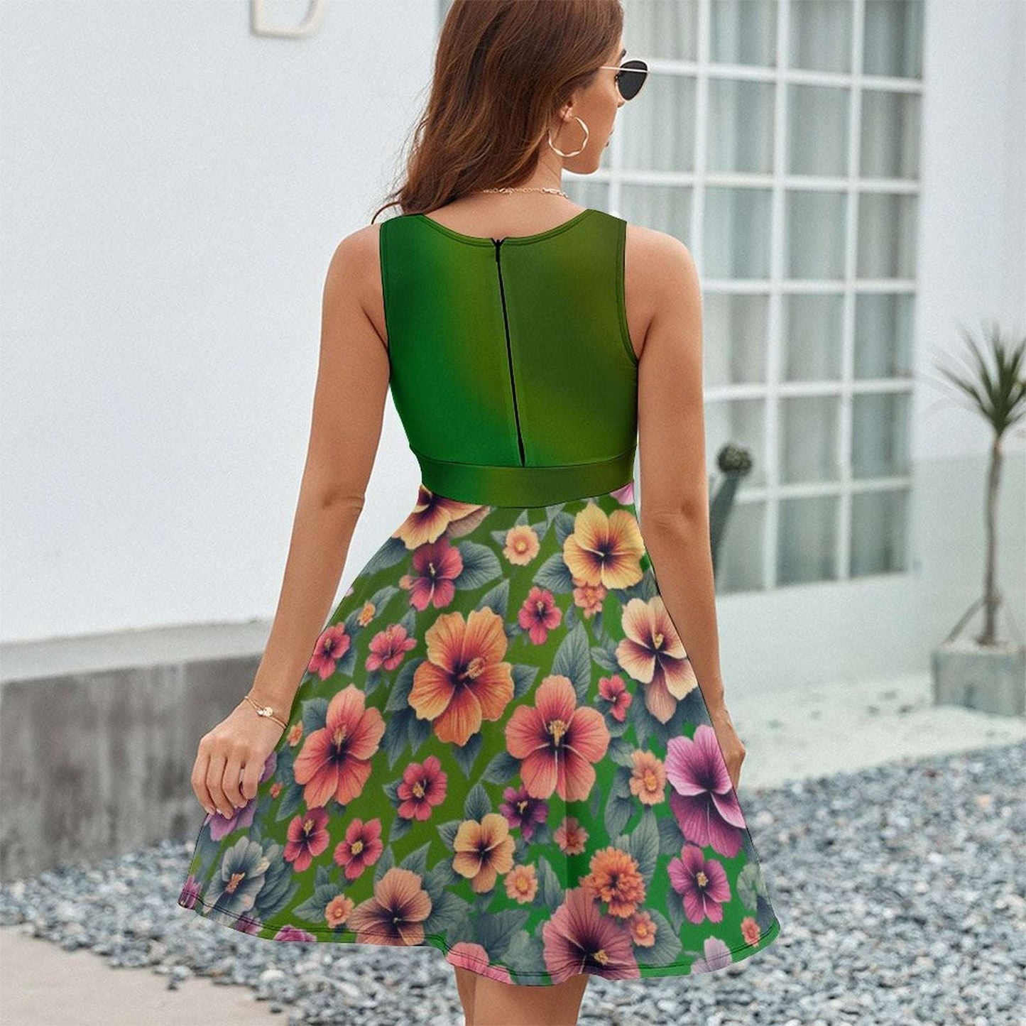 Green Hibiscus Floral Sleeveless High Waist Dress | Above Knee Circle Skirt - Perfect Summer Outfit