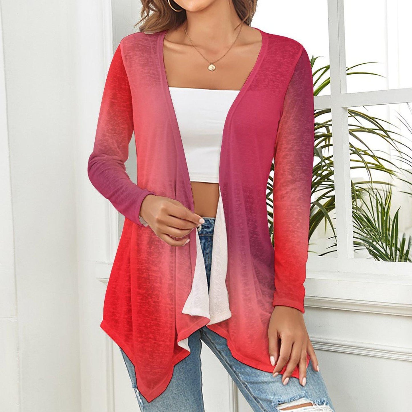 Red Gradient Drop Shoulder Open Shirt Cardigan with Irregular Hem for Women - Printspirationz