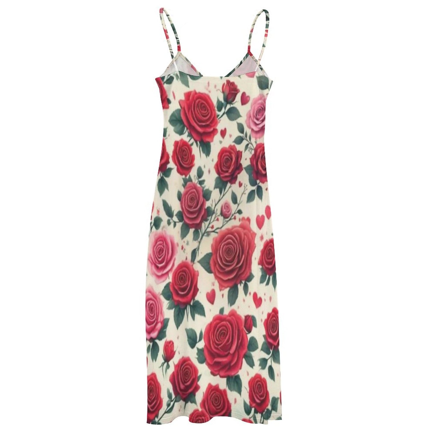 Sleeveless Boho Ankle Length Sling Maxi Dress Featuring Gorgeous Red Roses Print - Summer Outfit Essential - Printspirationz
