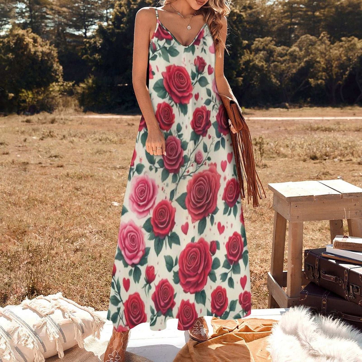 Sleeveless Boho Ankle Length Sling Maxi Dress Featuring Gorgeous Red Roses Print - Summer Outfit Essential