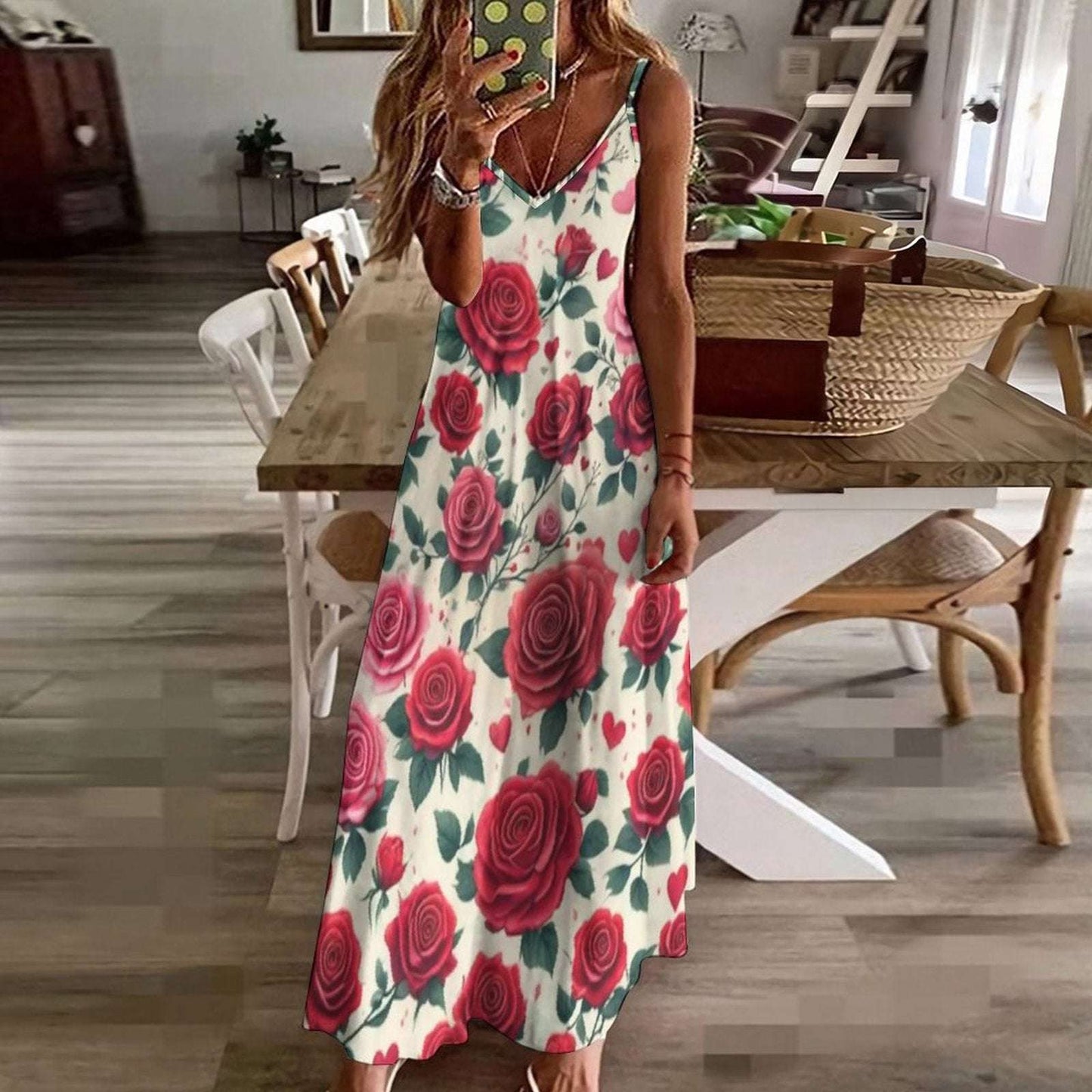 Sleeveless Boho Ankle Length Sling Maxi Dress Featuring Gorgeous Red Roses Print - Summer Outfit Essential