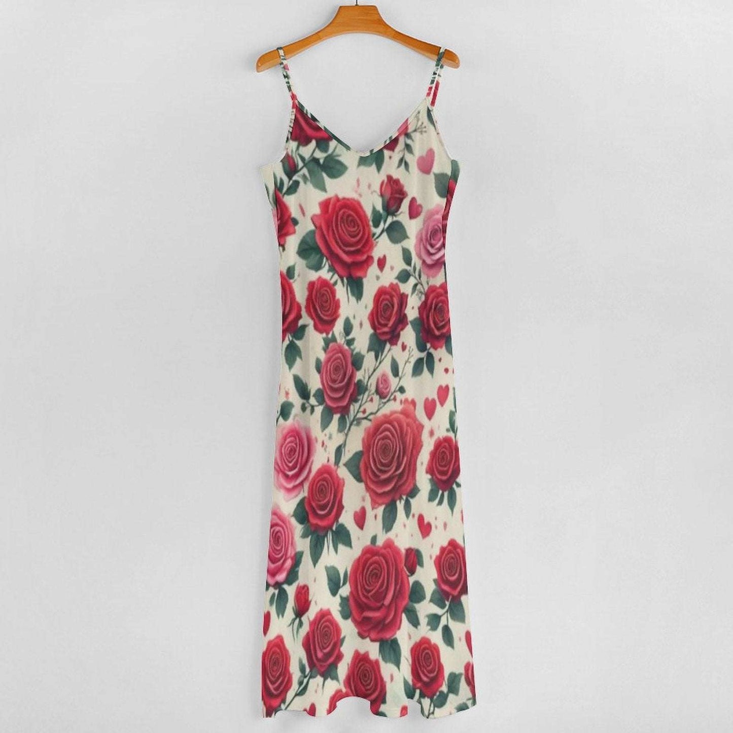 Sleeveless Boho Ankle Length Sling Maxi Dress Featuring Gorgeous Red Roses Print - Summer Outfit Essential