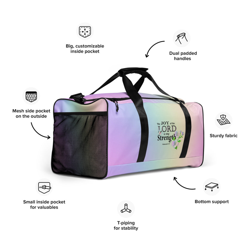 Sports Duffel Bag, Nehemiah 8:10 'The Lord is My Strength' Floral Design, Sports Gym Equipment Gear, Valentines Gift, Active Christian Women - Printspirationz