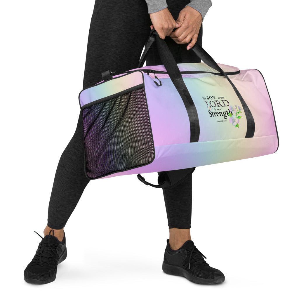 Sports Duffel Bag, Nehemiah 8:10 'The Lord is My Strength' Floral Design, Sports Gym Equipment Gear, Valentines Gift, Active Christian Women - Printspirationz