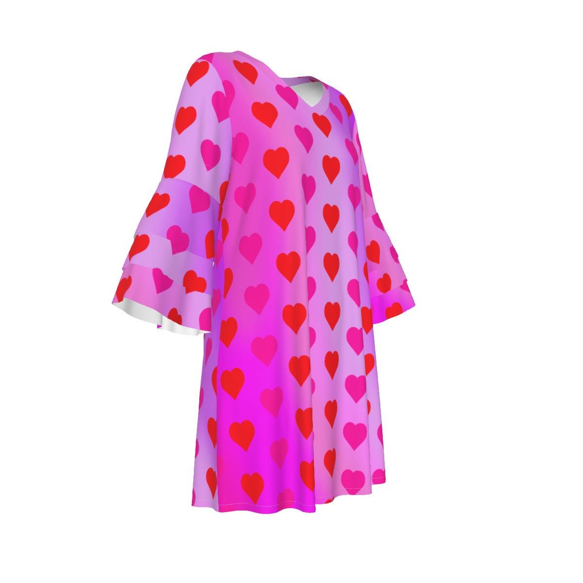 Adorable Hearts on a Pink Gradient Background Stacked Ruffle Sleeve Dress - Perfect for Little Girls' Spring & Summer Outfits! - Printspirationz