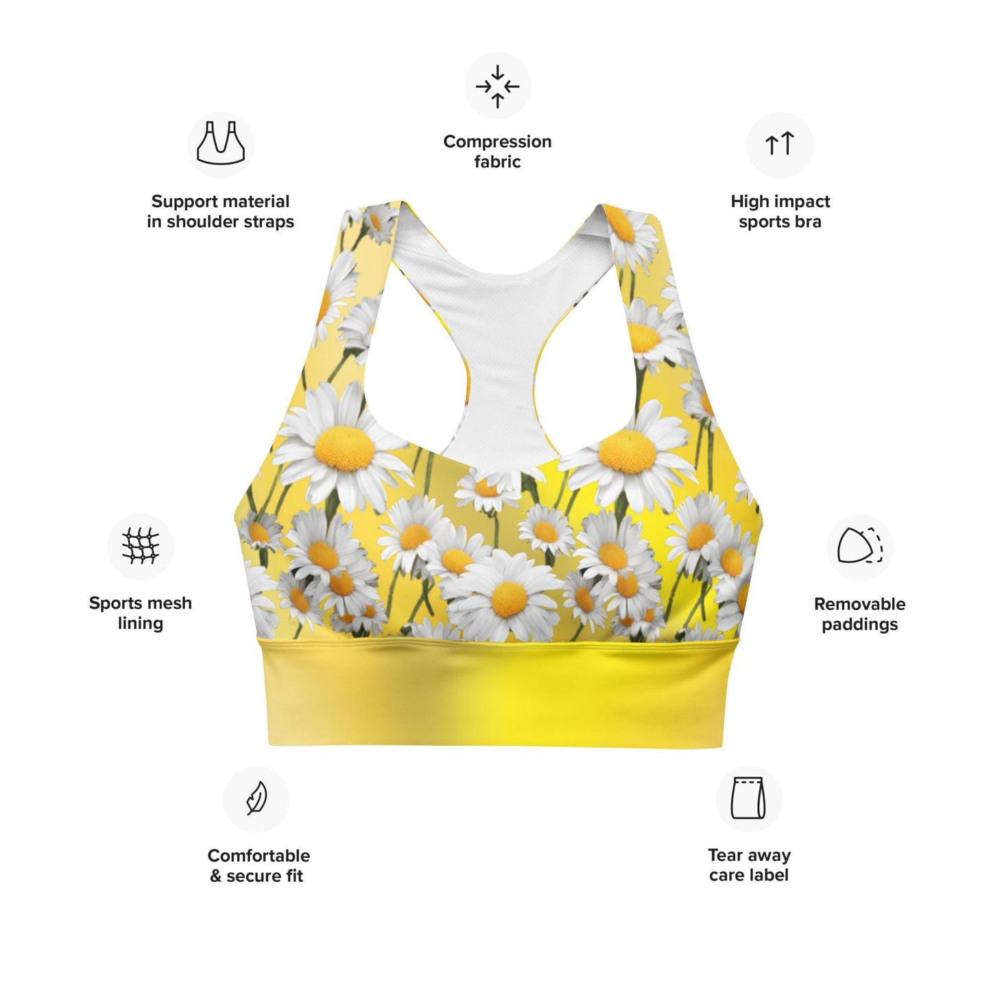 Cheerful Daisies Recycled Longline Sports Bra, Colorful Workout Top, Seamless Sports Bra Print, Women's Activewear, Gym Essentials Bra - Printspirationz