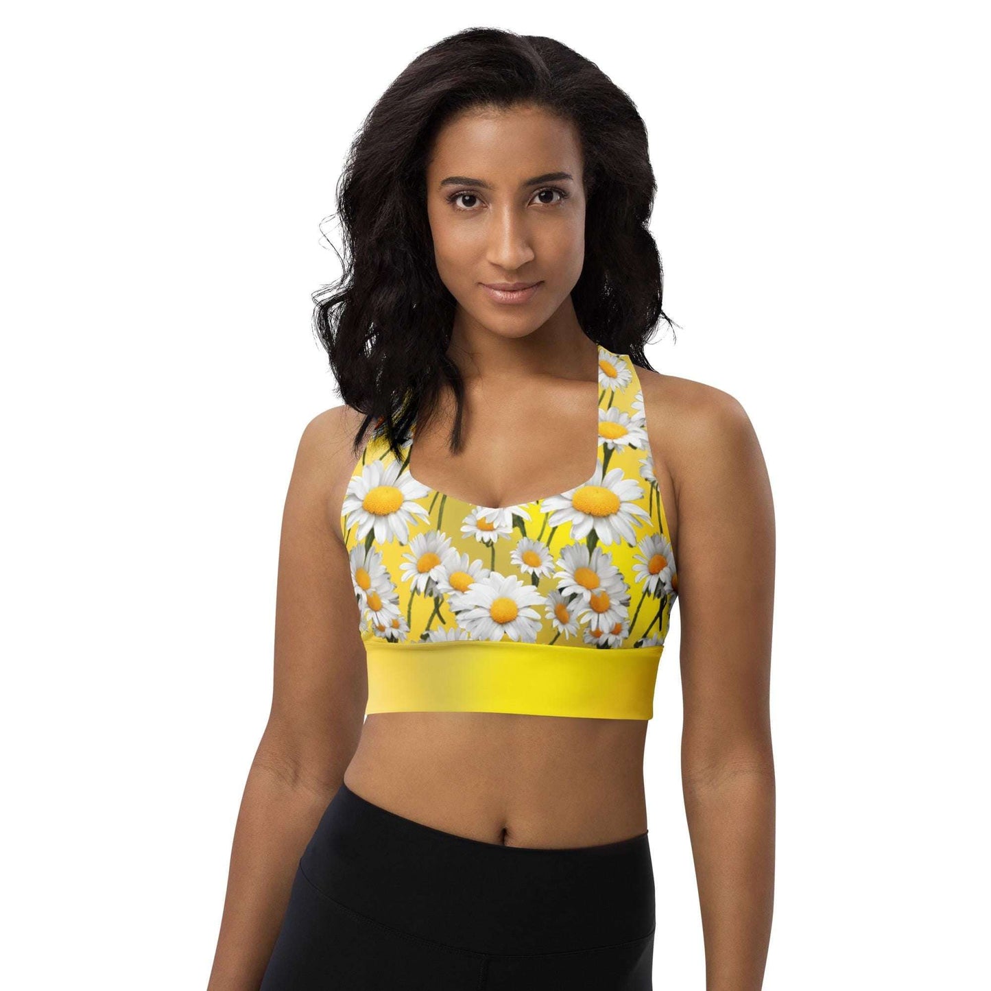 Cheerful Daisies Recycled Longline Sports Bra, Colorful Workout Top, Seamless Sports Bra Print, Women's Activewear, Gym Essentials Bra