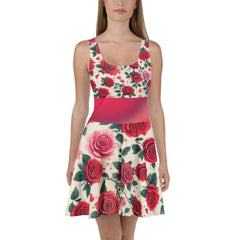 Cute Red Roses Patterned Sleeveless Skater Dress - Perfect, Above the Knee, Spring or Summer Wear - Stylish Mother's Day Outfit