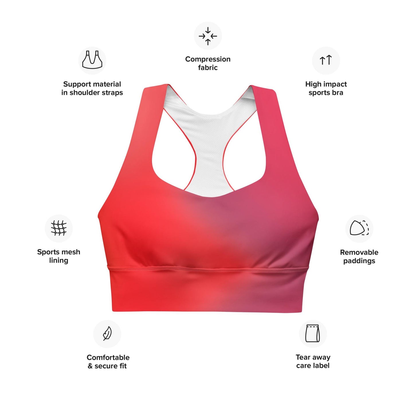 Eco-Conscious Red Gradient Recycled Longline Sports Bra | Perfect for Workout & Yoga - Printspirationz