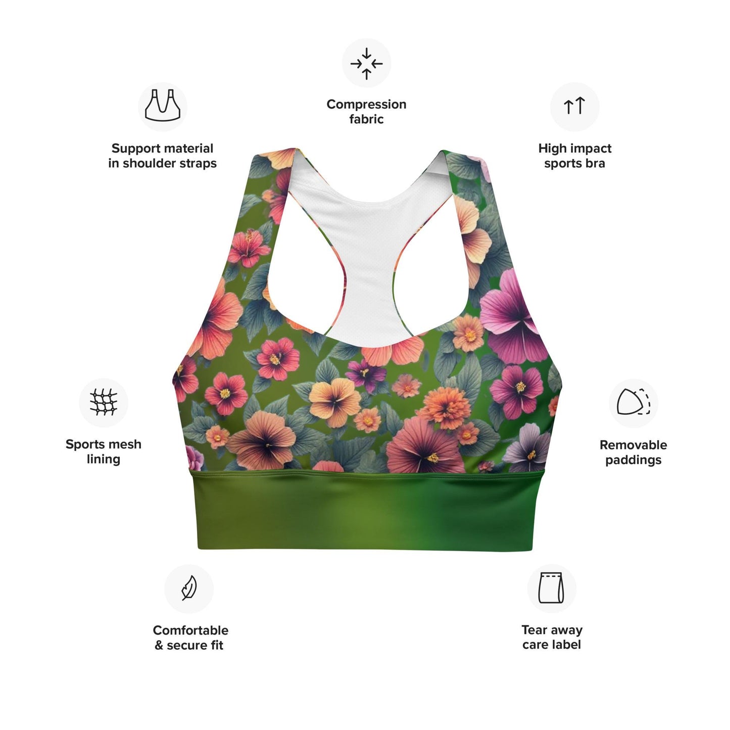 Floral Hibiscus Recycled Longline Sports Bra - Sustainable, Eco-Friendly Activewear on Green Background - Fitness Apparel - Printspirationz