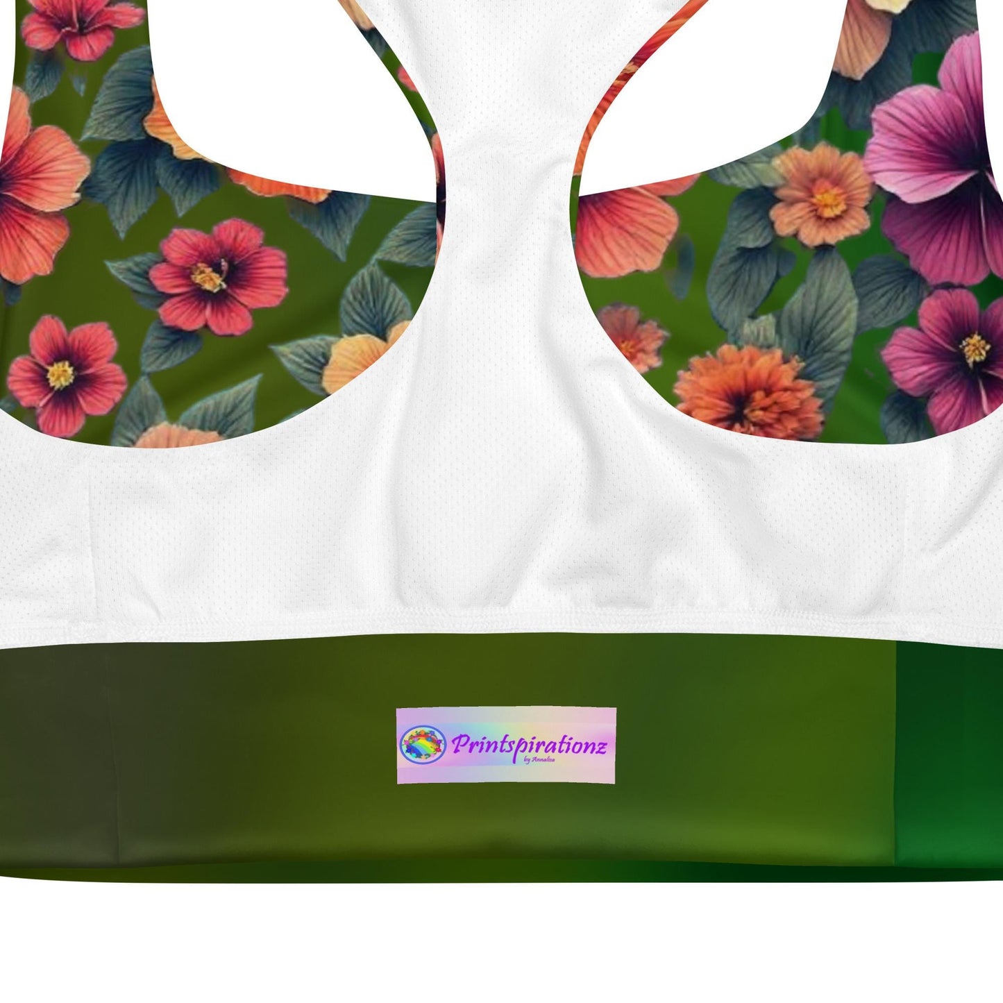 Floral Hibiscus Recycled Longline Sports Bra - Sustainable, Eco-Friendly Activewear on Green Background - Fitness Apparel - Printspirationz