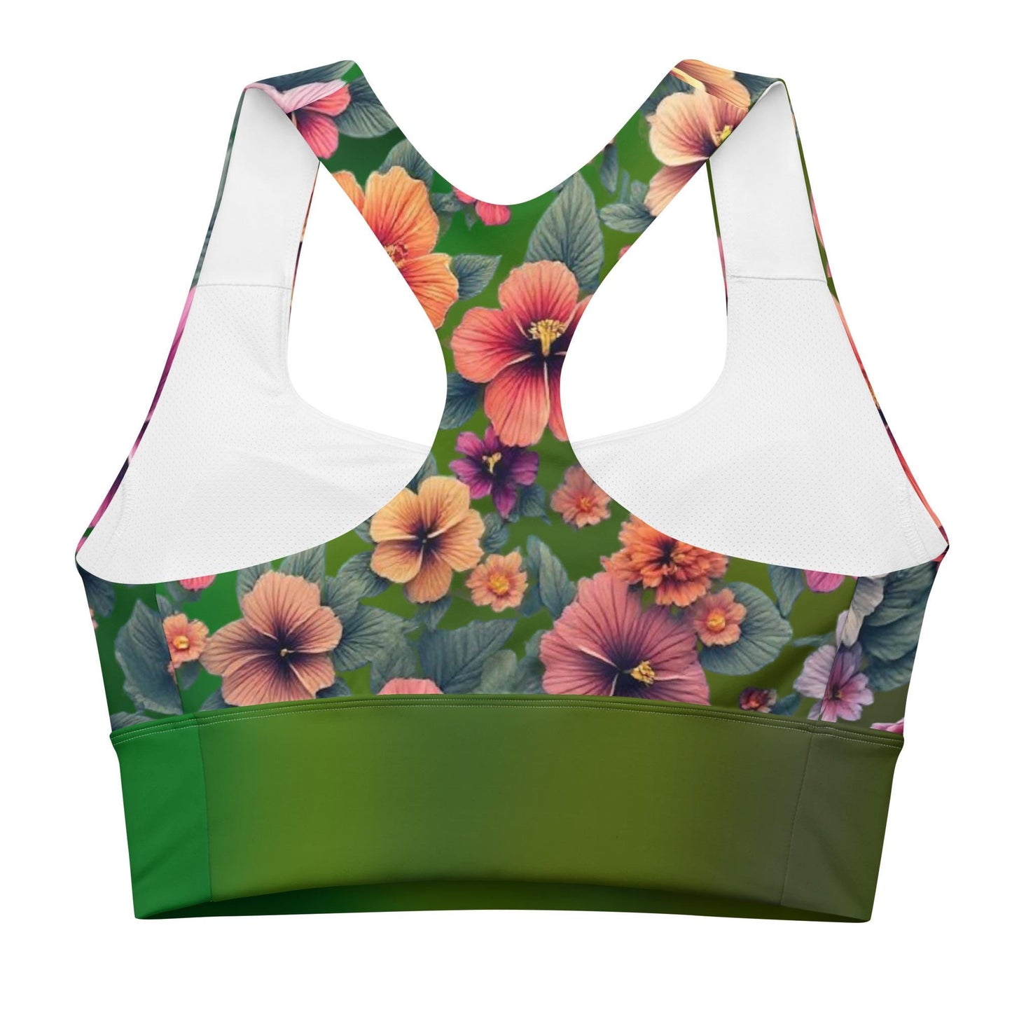 Floral Hibiscus Recycled Longline Sports Bra - Sustainable, Eco-Friendly Activewear on Green Background - Fitness Apparel - Printspirationz