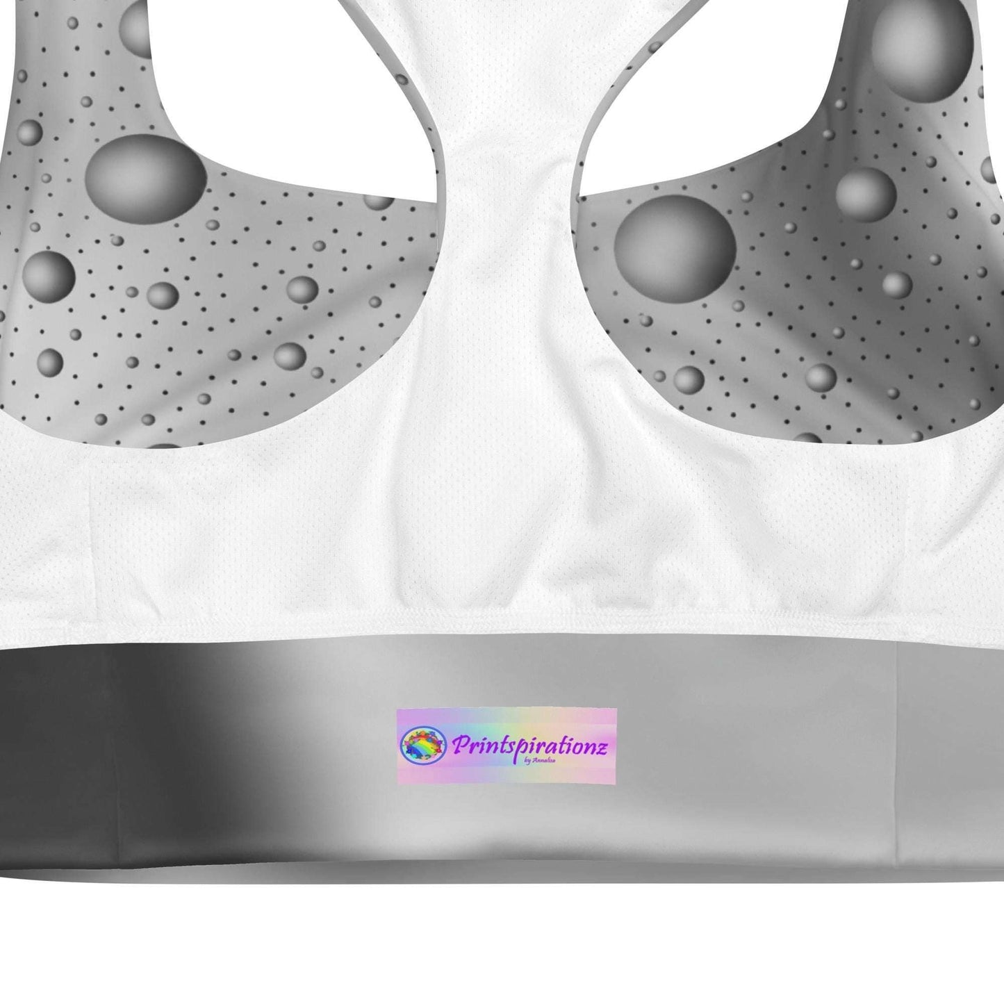 Grey Bubbles Recycled Longline Sports Bra on Gradient Background - Athletic Fitness Fashion Essential Bra, Women's Activewear, Gym Essential