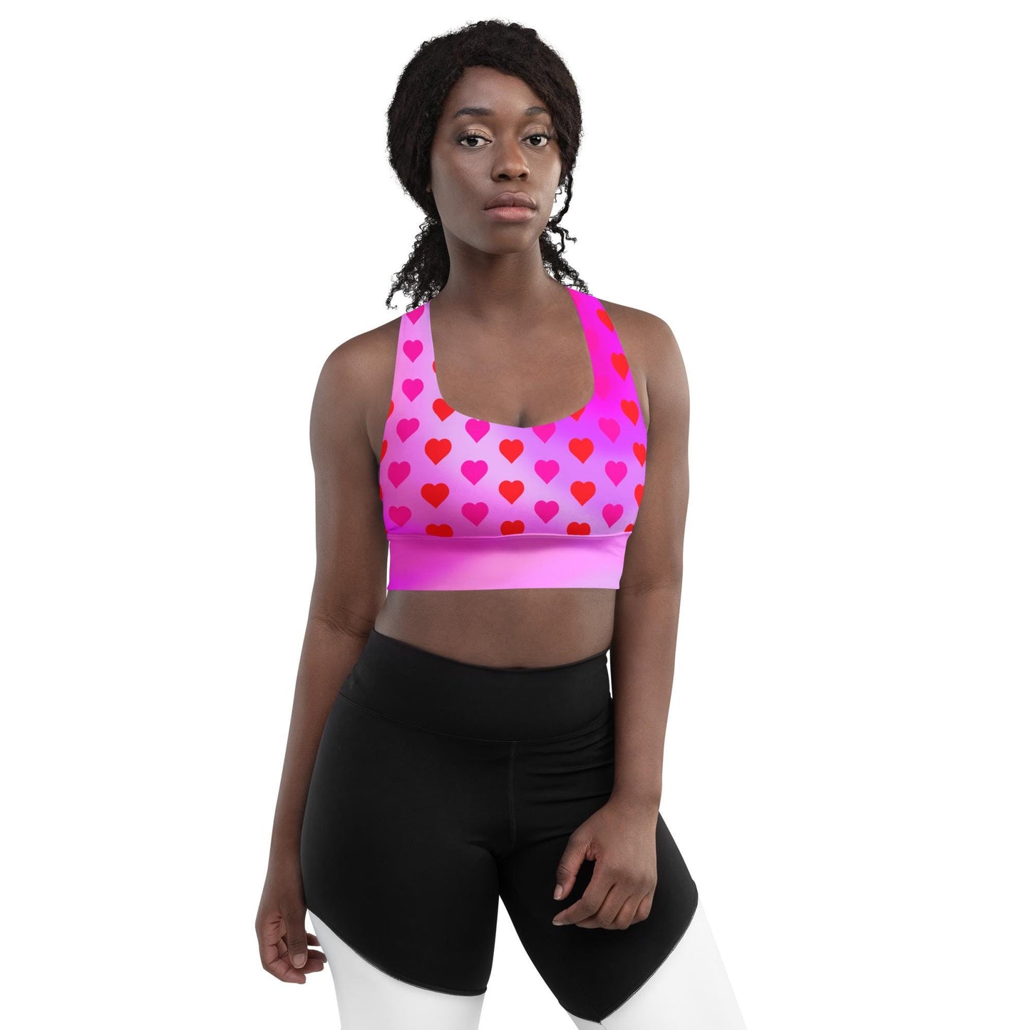 Heart Pattern Longline Sports Bra | Recycled Material | Bright Pink Gradient Design, Valentine's Day Design - Printspirationz