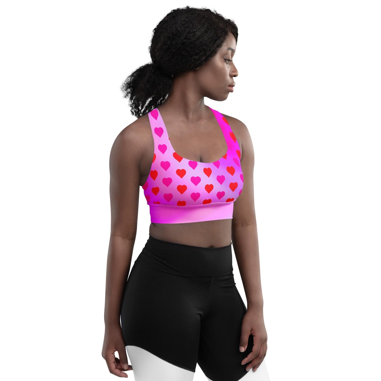 Heart Pattern Longline Sports Bra | Recycled Material | Bright Pink Gradient Design, Valentine's Day Design - Printspirationz