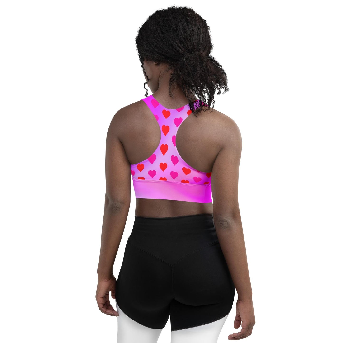 Heart Pattern Longline Sports Bra | Recycled Material | Bright Pink Gradient Design, Valentine's Day Design - Printspirationz