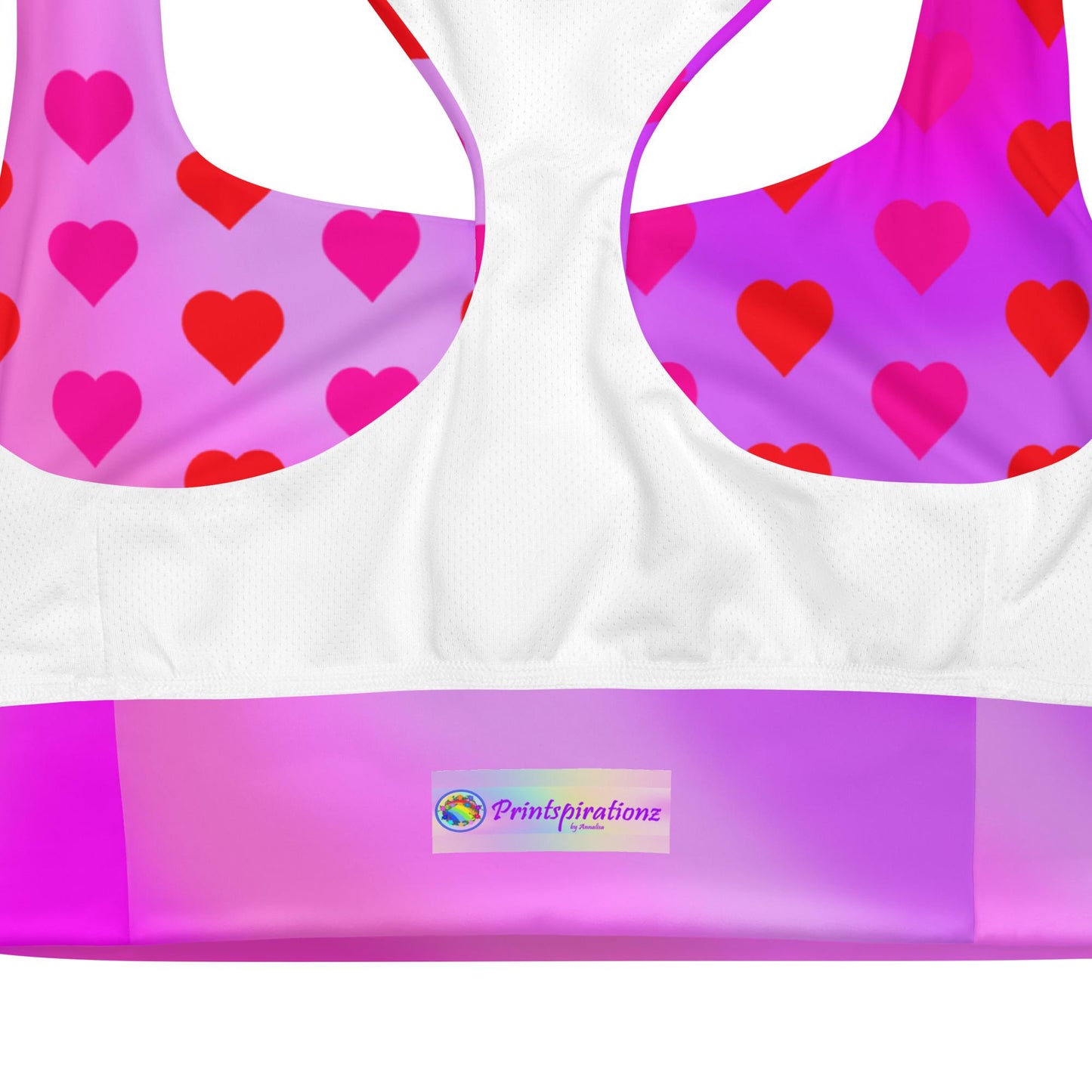 Heart Pattern Longline Sports Bra | Recycled Material | Bright Pink Gradient Design, Valentine's Day Design - Printspirationz