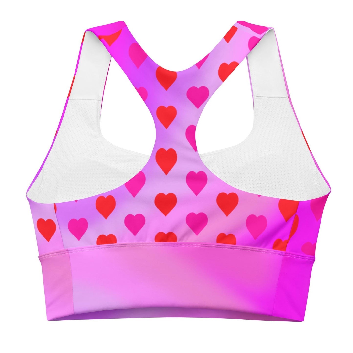 Heart Pattern Longline Sports Bra | Recycled Material | Bright Pink Gradient Design, Valentine's Day Design - Printspirationz