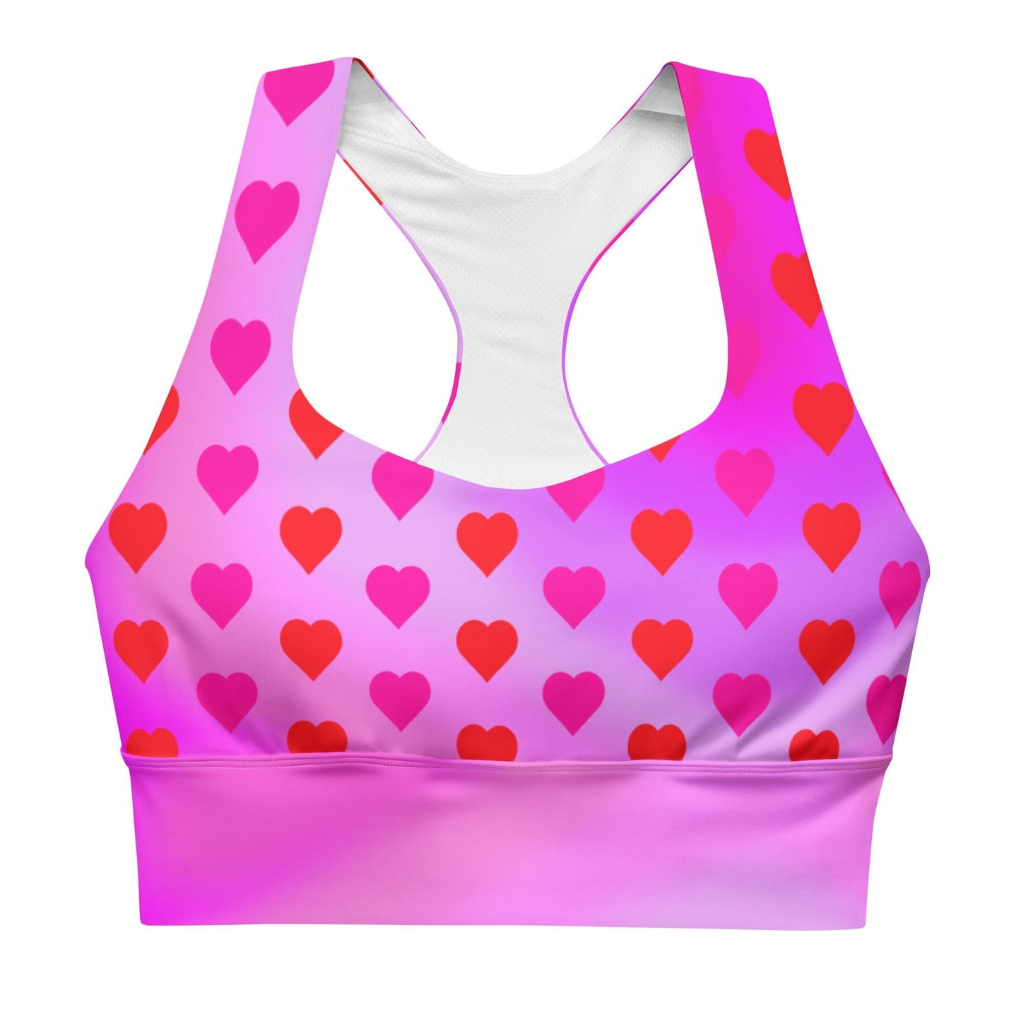 Heart Pattern Longline Sports Bra | Recycled Material | Bright Pink Gradient Design, Valentine's Day Design - Printspirationz