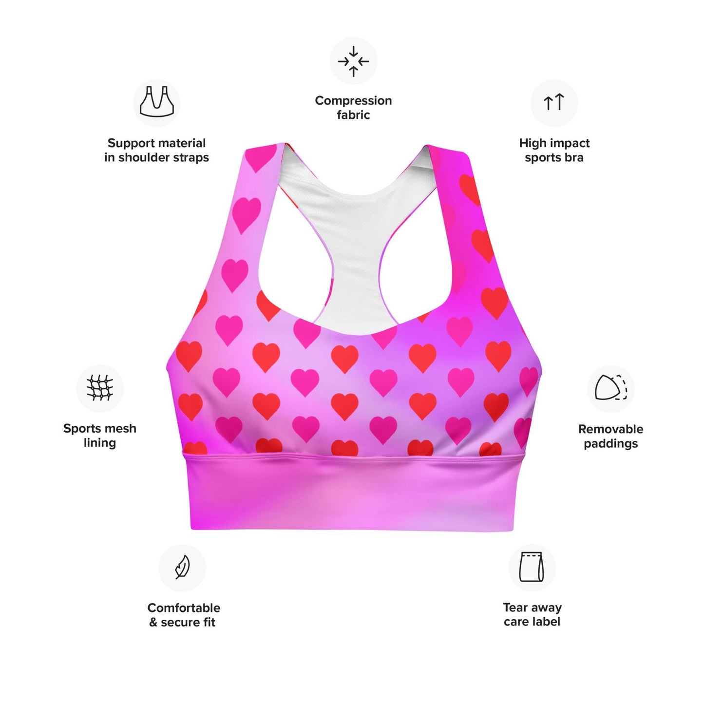 Heart Pattern Longline Sports Bra | Recycled Material | Bright Pink Gradient Design, Valentine's Day Design - Printspirationz