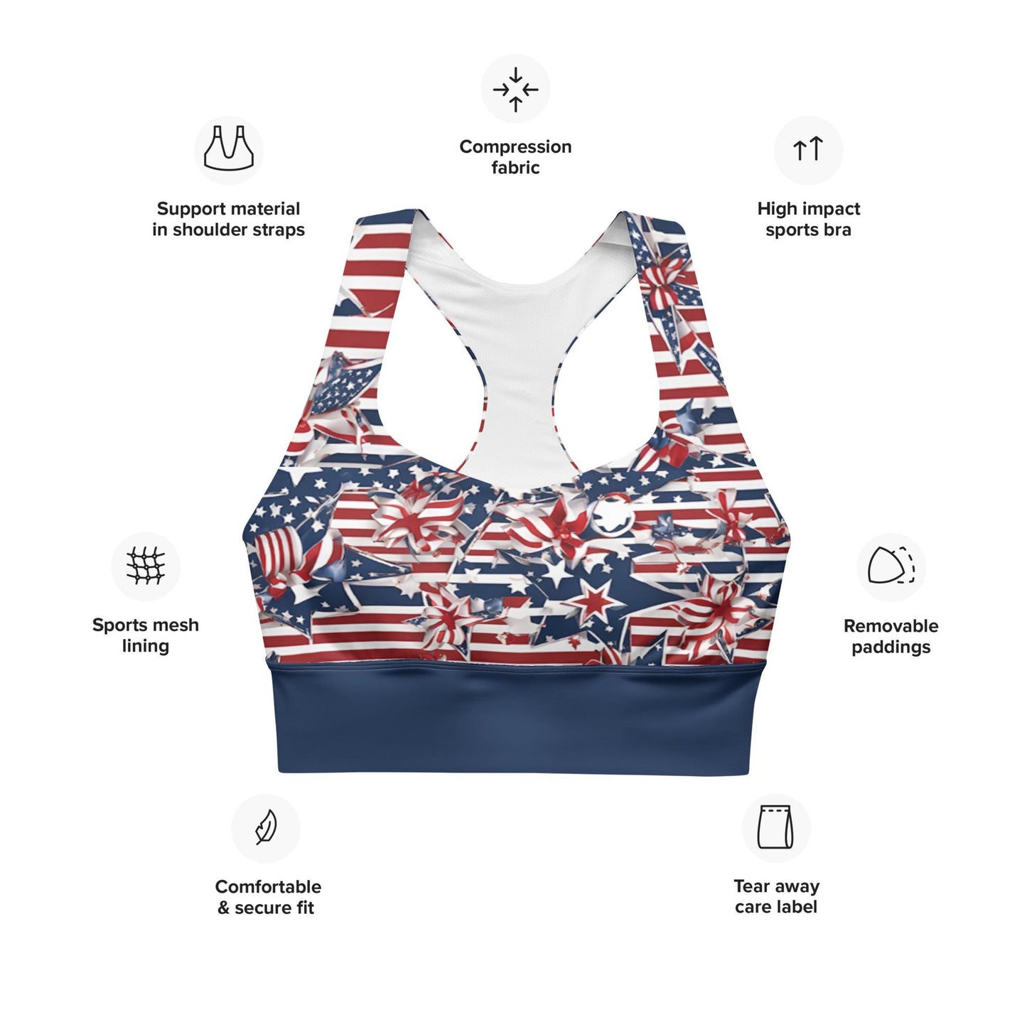 Patriotic USA Flag Inspired Recycled Longline Sports Bra, Independence Day Workout Top, Gym Yoga Bra, July 4th Unique Yoga Bra Athletic Wear - Printspirationz