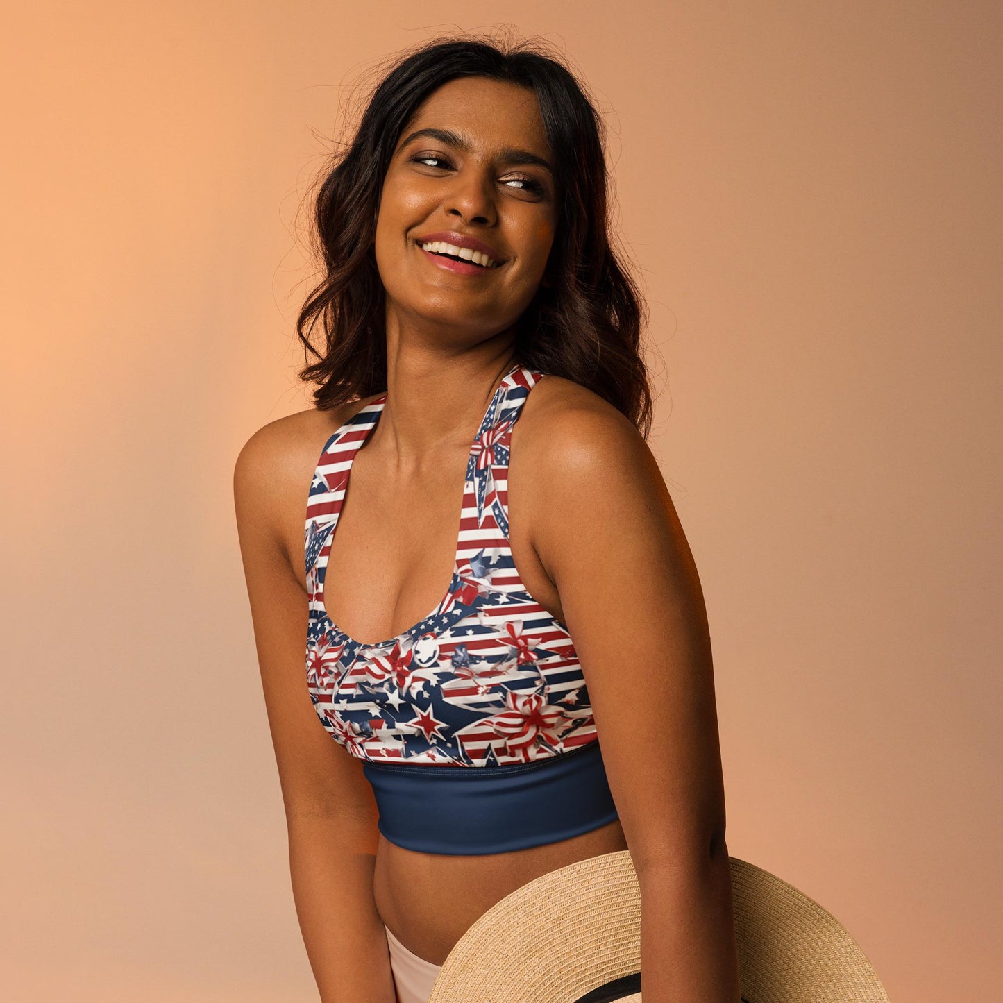 Patriotic USA Flag Inspired Recycled Longline Sports Bra, Independence Day Workout Top, Gym Yoga Bra, July 4th Unique Yoga Bra Athletic Wear - Printspirationz