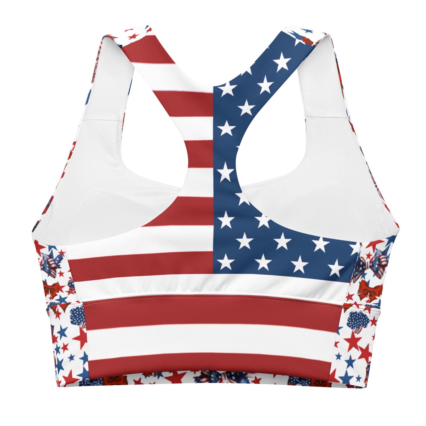 Patriotic USA Flag Inspired Recycled Longline Sports Bra, Independence Day Workout Top, Gym Yoga Bra, July 4th Unique Yoga Bra Athletic Wear - Printspirationz