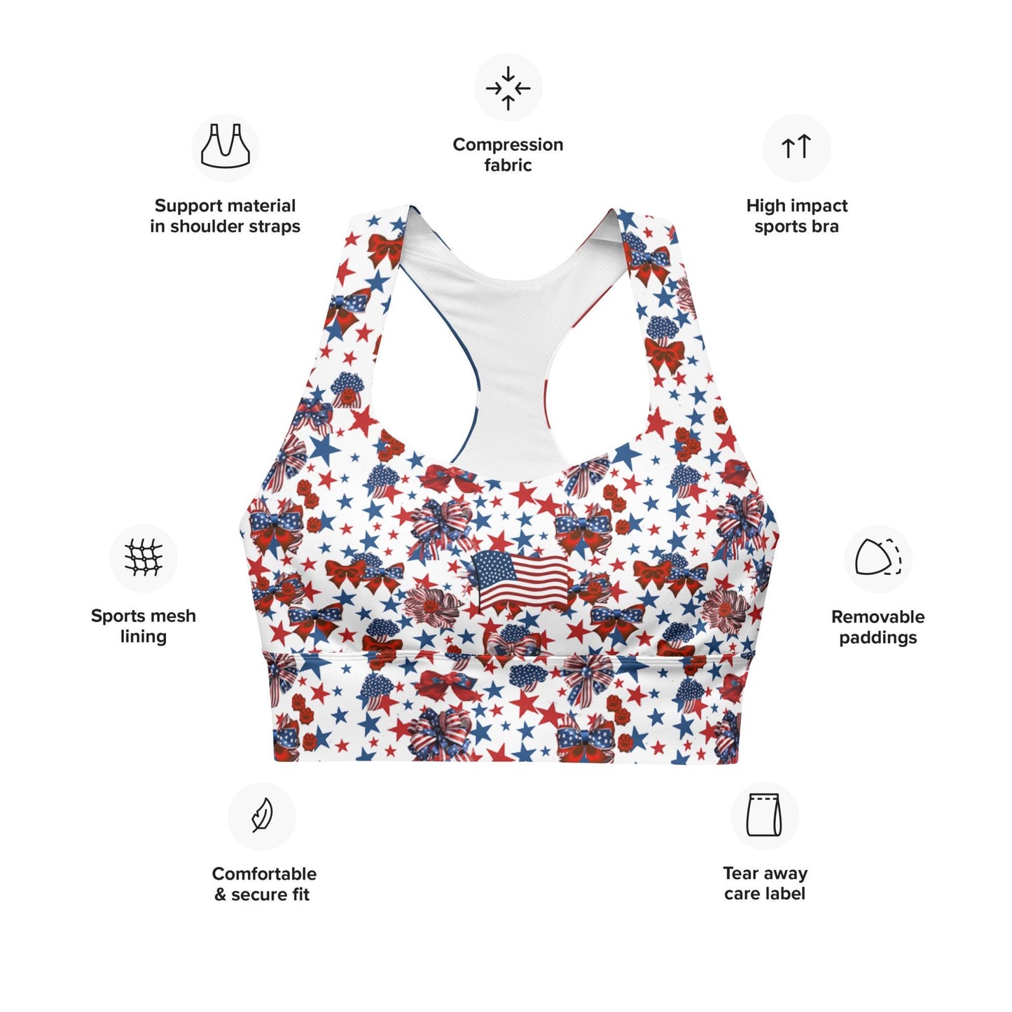Patriotic USA Flag Inspired Recycled Longline Sports Bra, Independence Day Workout Top, Gym Yoga Bra, July 4th Unique Yoga Bra Athletic Wear - Printspirationz