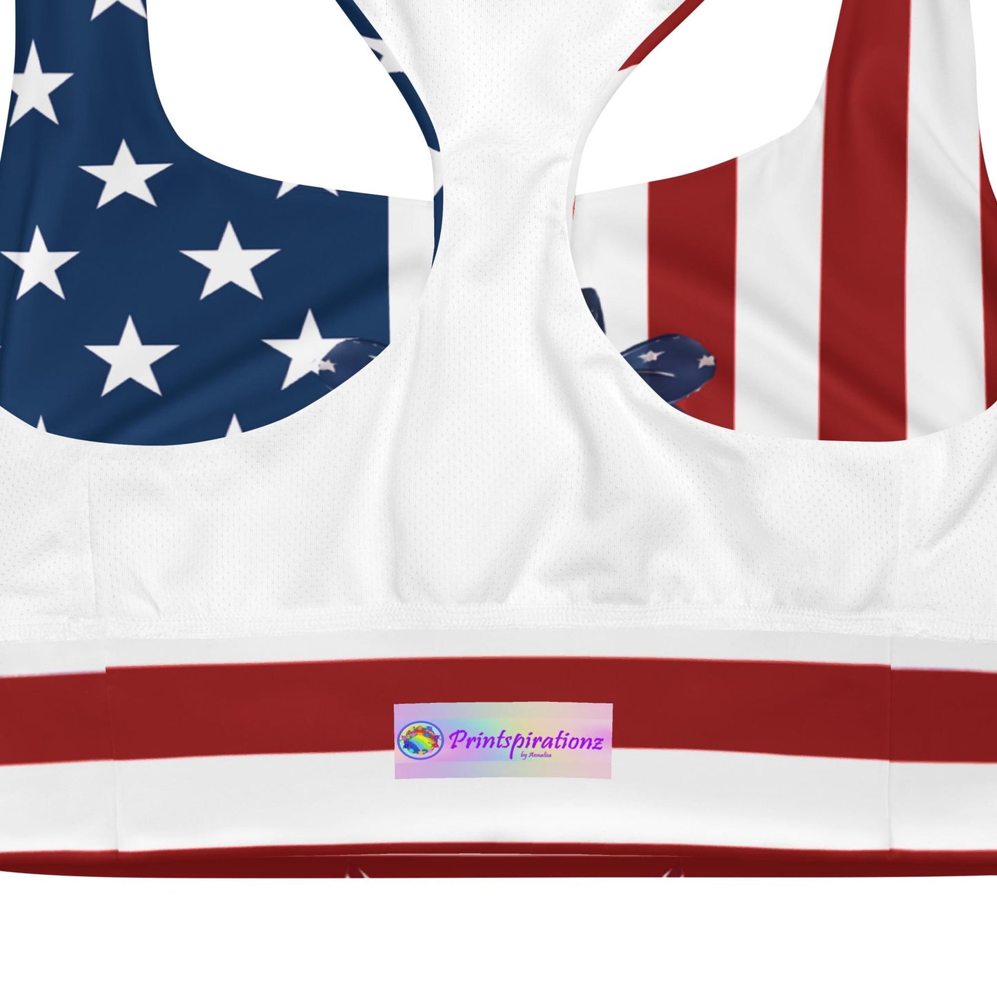 Patriotic USA Flag Inspired Recycled Longline Sports Bra, Independence Day Workout Top, Gym Yoga Bra, July 4th Unique Yoga Bra Athletic Wear - Printspirationz