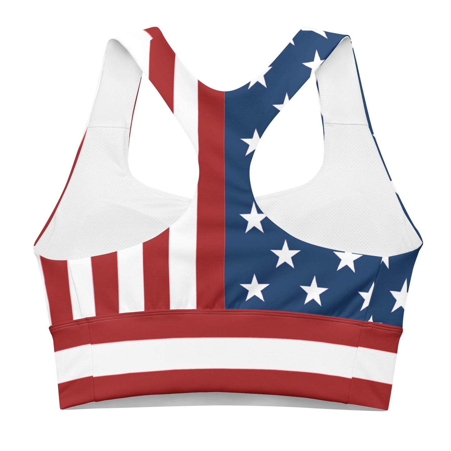Patriotic USA Flag Inspired Recycled Longline Sports Bra, Independence Day Workout Top, Gym Yoga Bra, July 4th Unique Yoga Bra Athletic Wear - Printspirationz