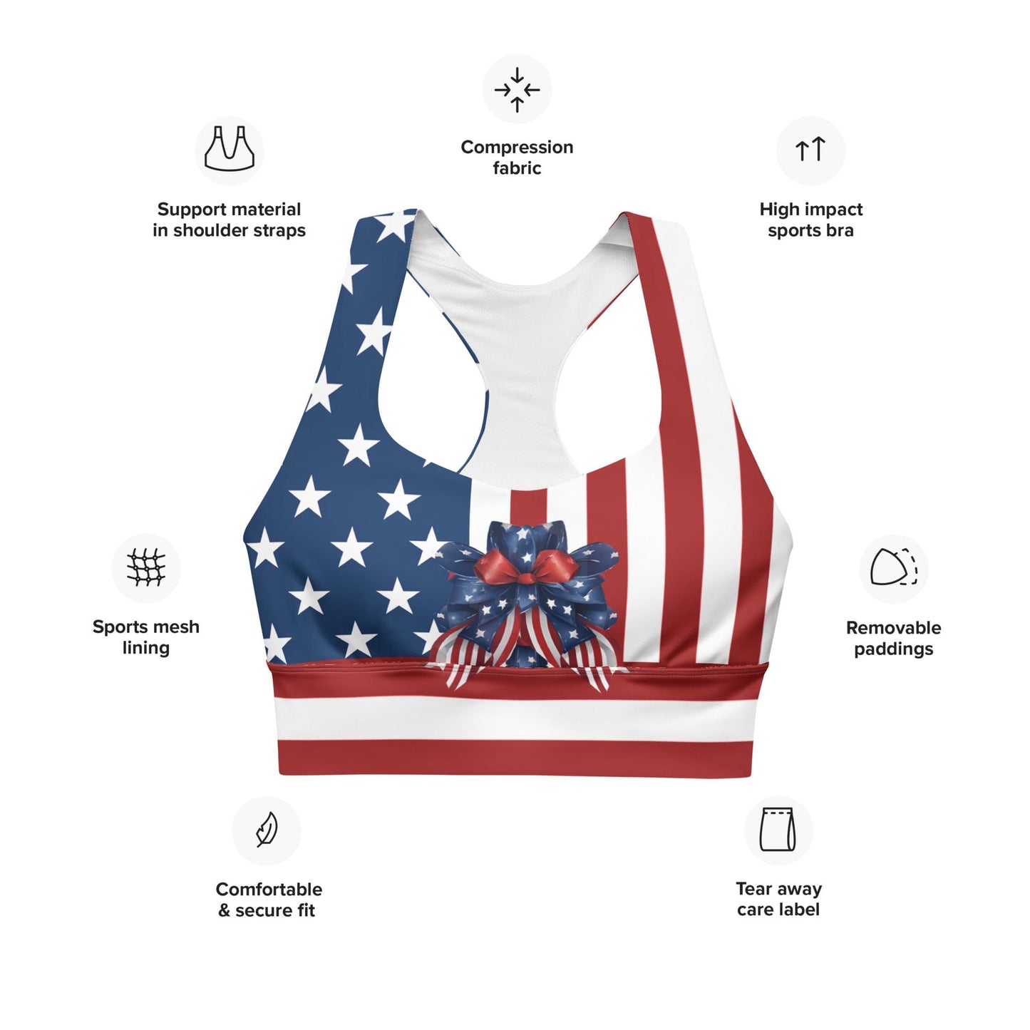 Patriotic USA Flag Inspired Recycled Longline Sports Bra, Independence Day Workout Top, Gym Yoga Bra, July 4th Unique Yoga Bra Athletic Wear - Printspirationz