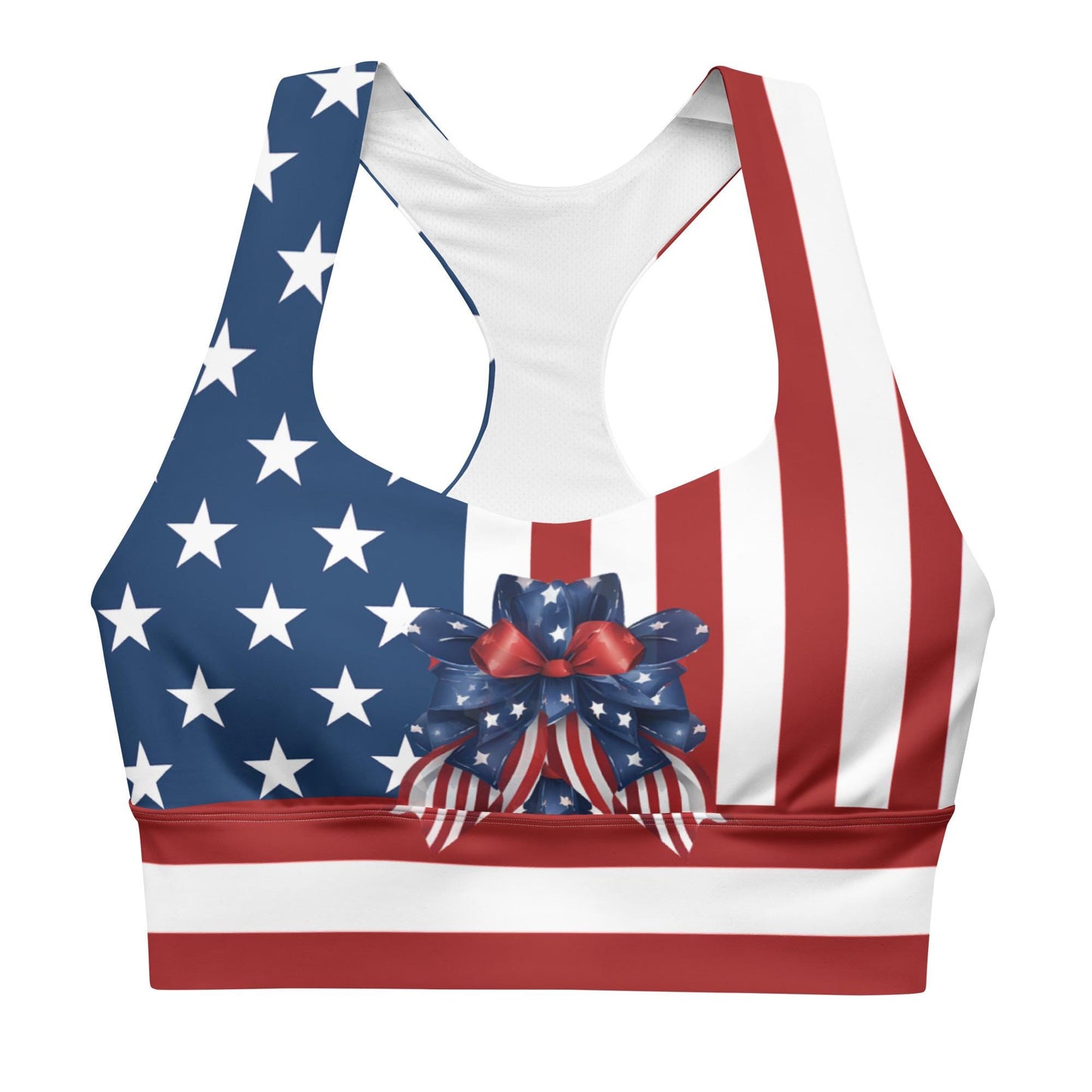 Patriotic USA Flag Inspired Recycled Longline Sports Bra, Independence Day Workout Top, Gym Yoga Bra, July 4th Unique Yoga Bra Athletic Wear - Printspirationz