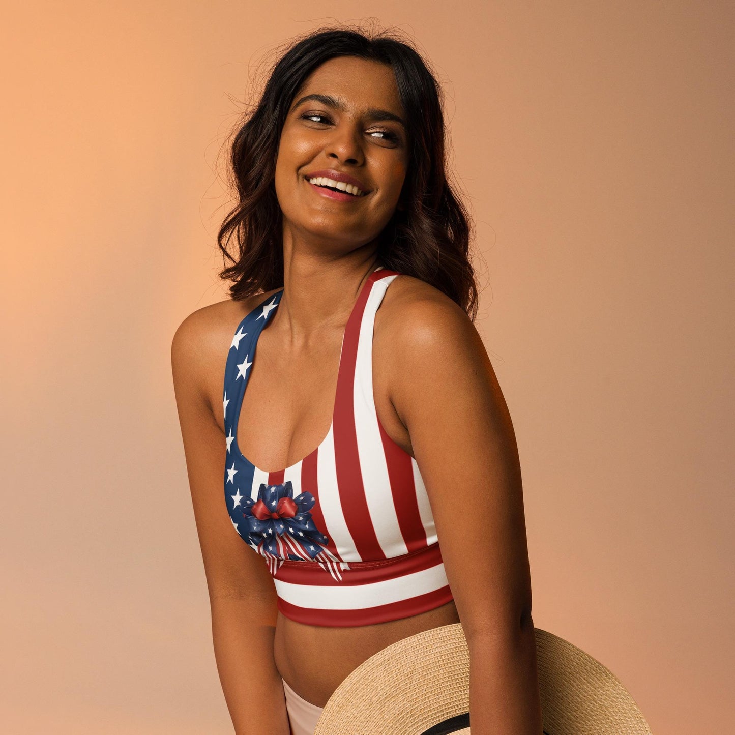 Patriotic USA Flag Inspired Recycled Longline Sports Bra, Independence Day Workout Top, Gym Yoga Bra, July 4th Unique Yoga Bra Athletic Wear - Printspirationz
