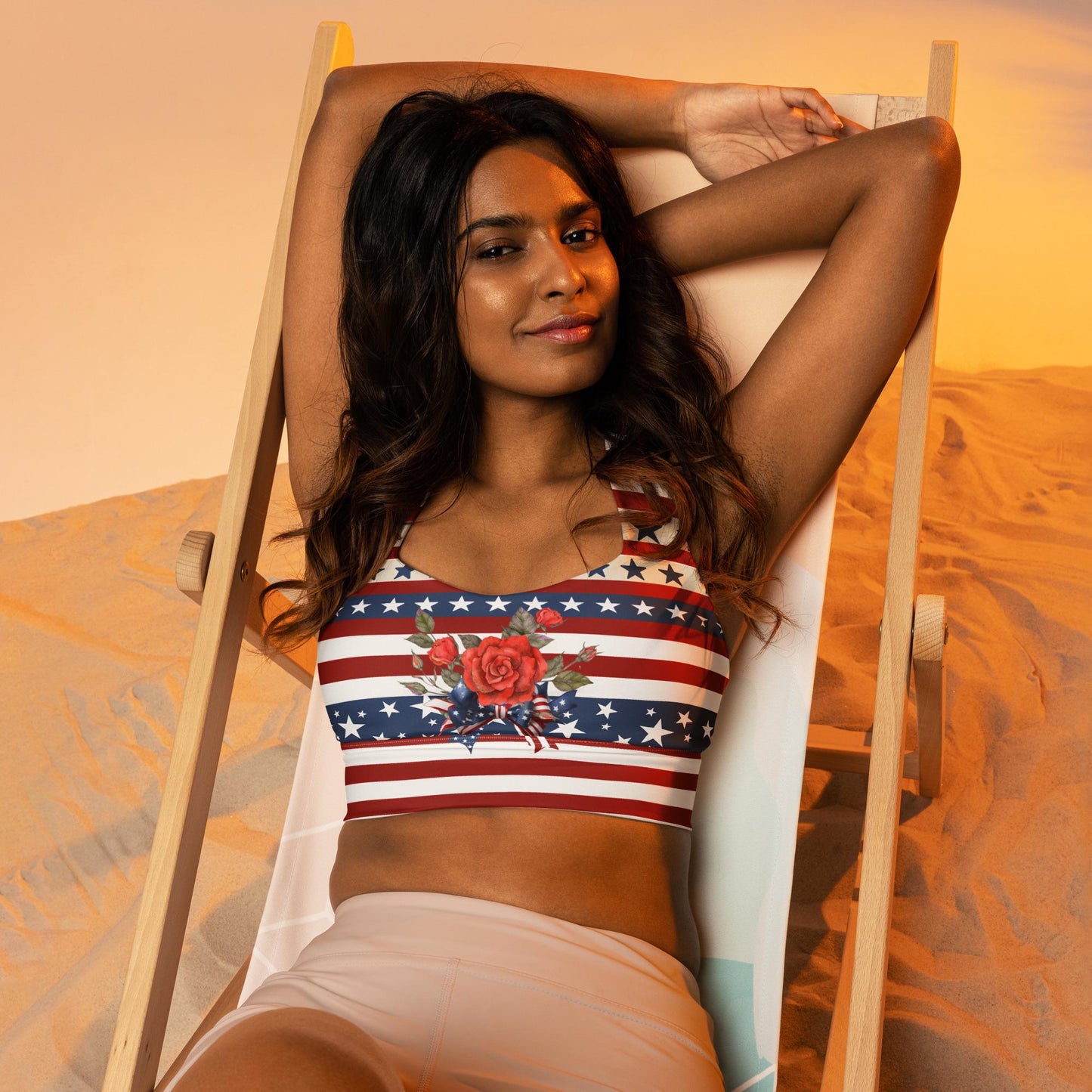 Patriotic USA Flag Inspired Recycled Longline Sports Bra, Independence Day Workout Top, Gym Yoga Bra, July 4th Unique Yoga Bra Athletic Wear - Printspirationz