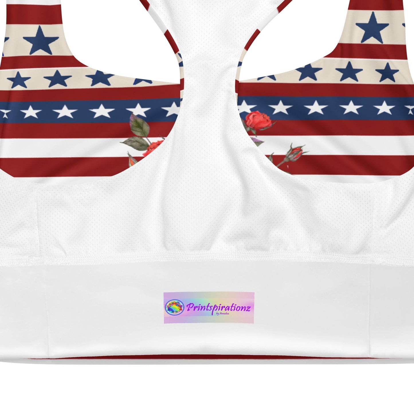 Patriotic USA Flag Inspired Recycled Longline Sports Bra, Independence Day Workout Top, Gym Yoga Bra, July 4th Unique Yoga Bra Athletic Wear - Printspirationz