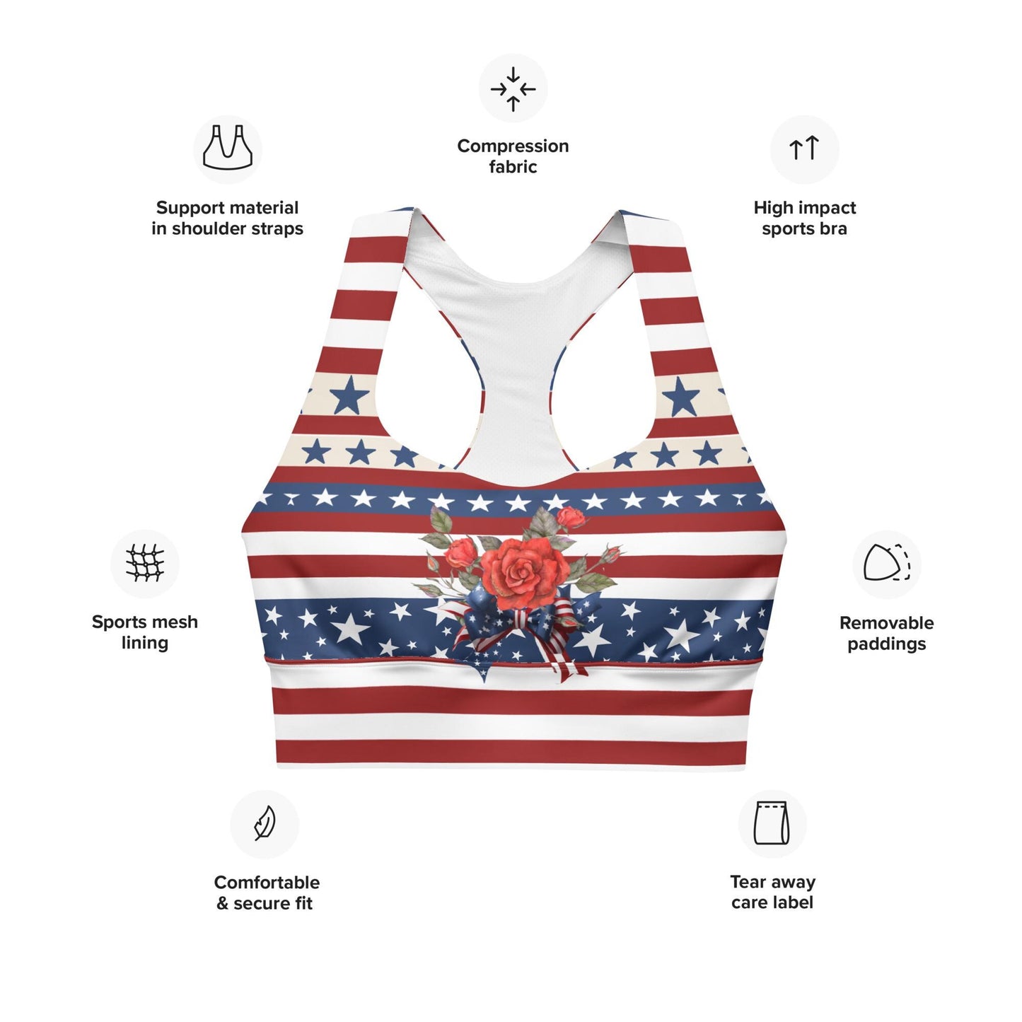 Patriotic USA Flag Inspired Recycled Longline Sports Bra, Independence Day Workout Top, Gym Yoga Bra, July 4th Unique Yoga Bra Athletic Wear - Printspirationz