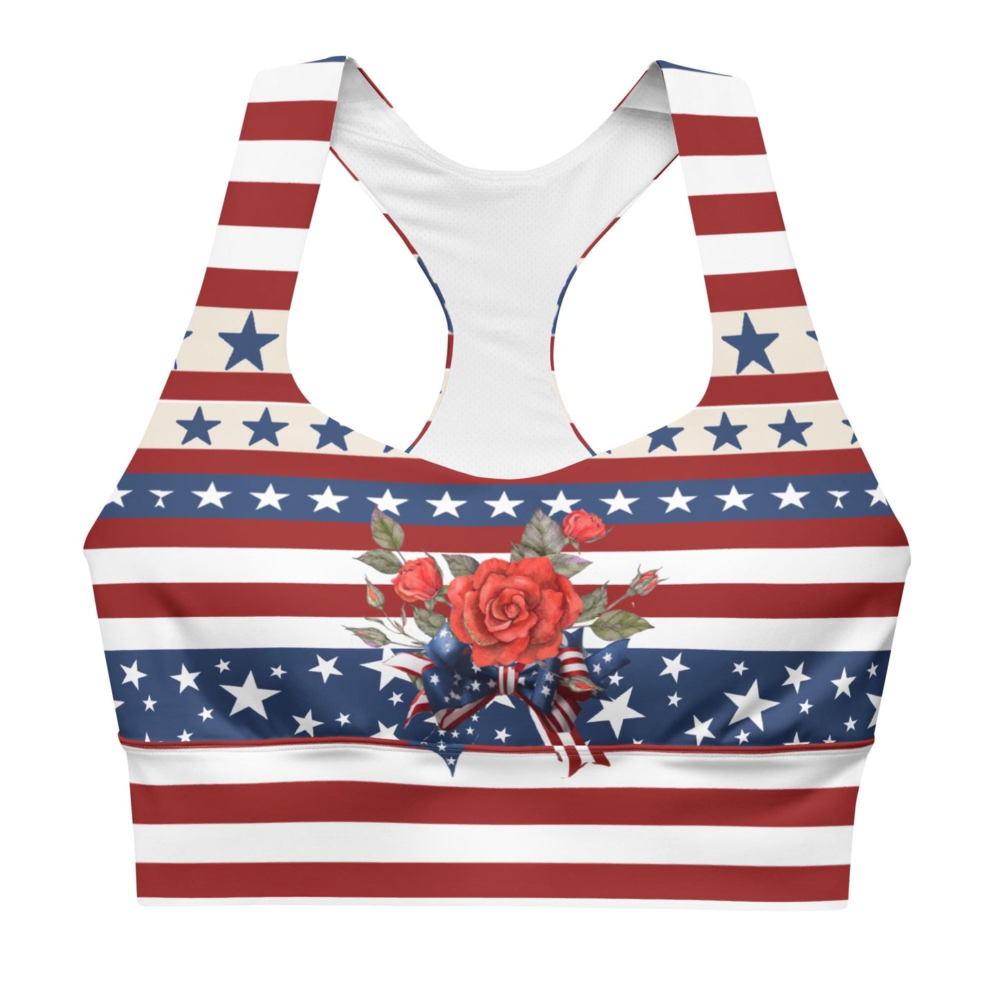 Patriotic USA Flag Inspired Recycled Longline Sports Bra, Independence Day Workout Top, Gym Yoga Bra, July 4th Unique Yoga Bra Athletic Wear - Printspirationz