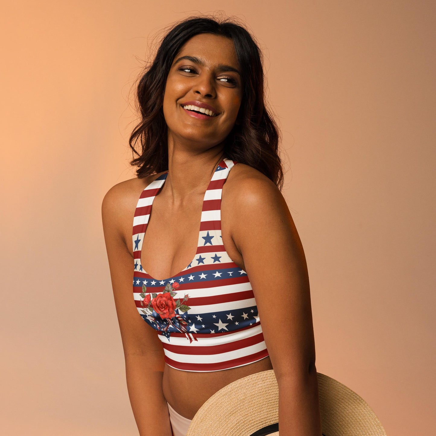 Patriotic USA Flag Inspired Recycled Longline Sports Bra, Independence Day Workout Top, Gym Yoga Bra, July 4th Unique Yoga Bra Athletic Wear - Printspirationz