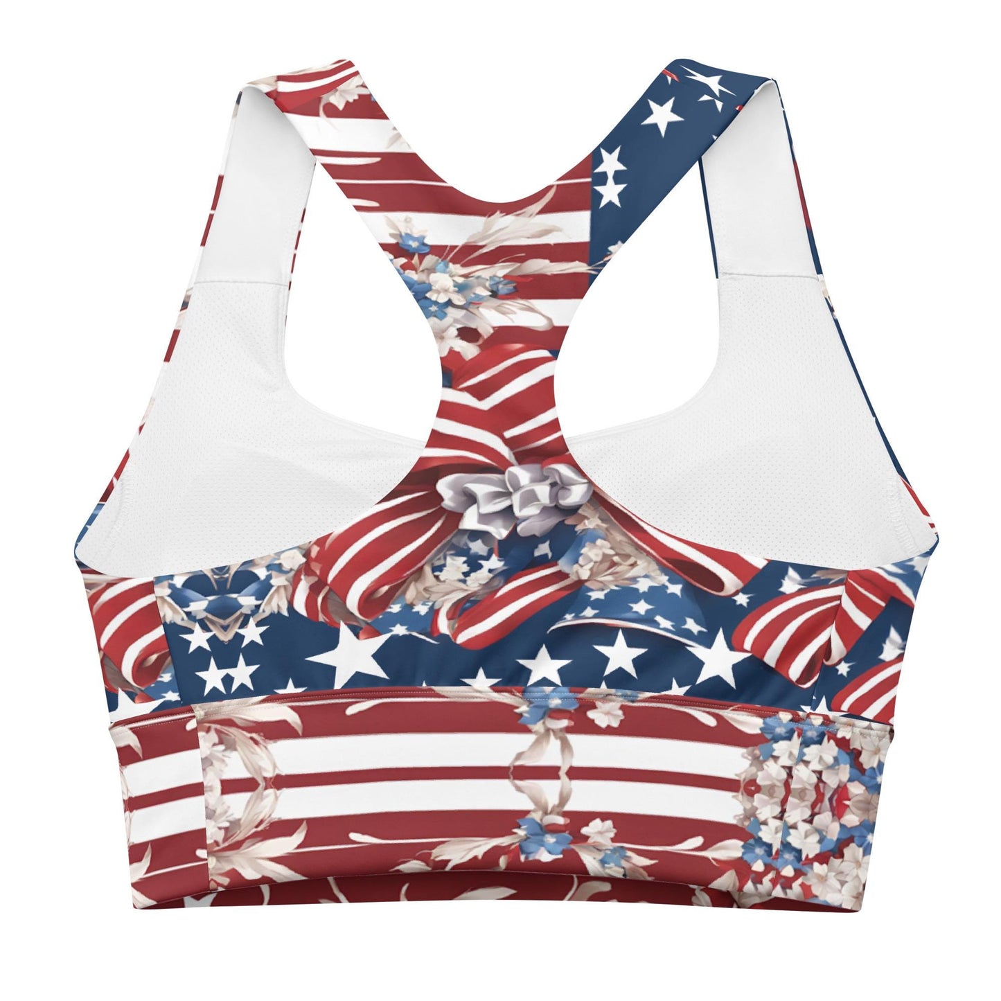 Patriotic USA Flag Inspired Recycled Longline Sports Bra, Independence Day Workout Top, Gym Yoga Bra, July 4th Unique Yoga Bra Athletic Wear - Printspirationz