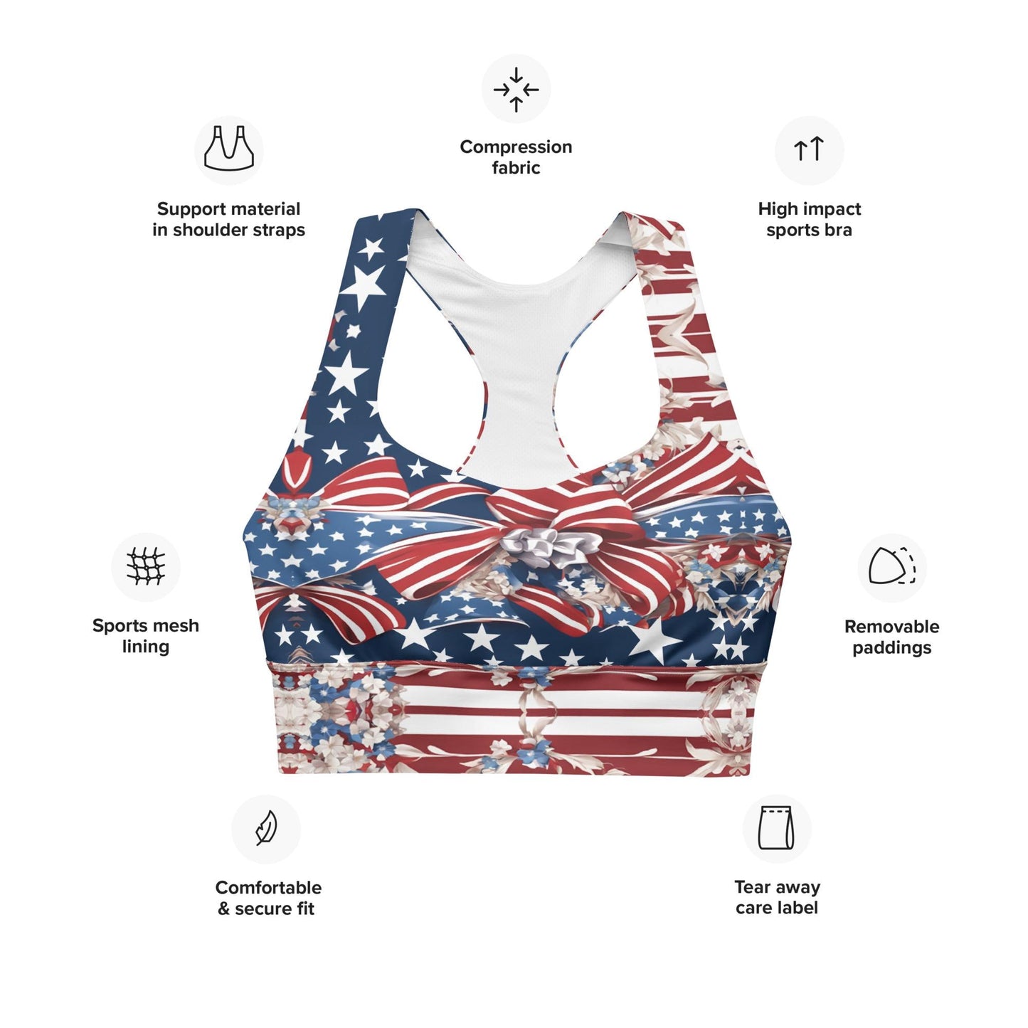 Patriotic USA Flag Inspired Recycled Longline Sports Bra, Independence Day Workout Top, Gym Yoga Bra, July 4th Unique Yoga Bra Athletic Wear - Printspirationz