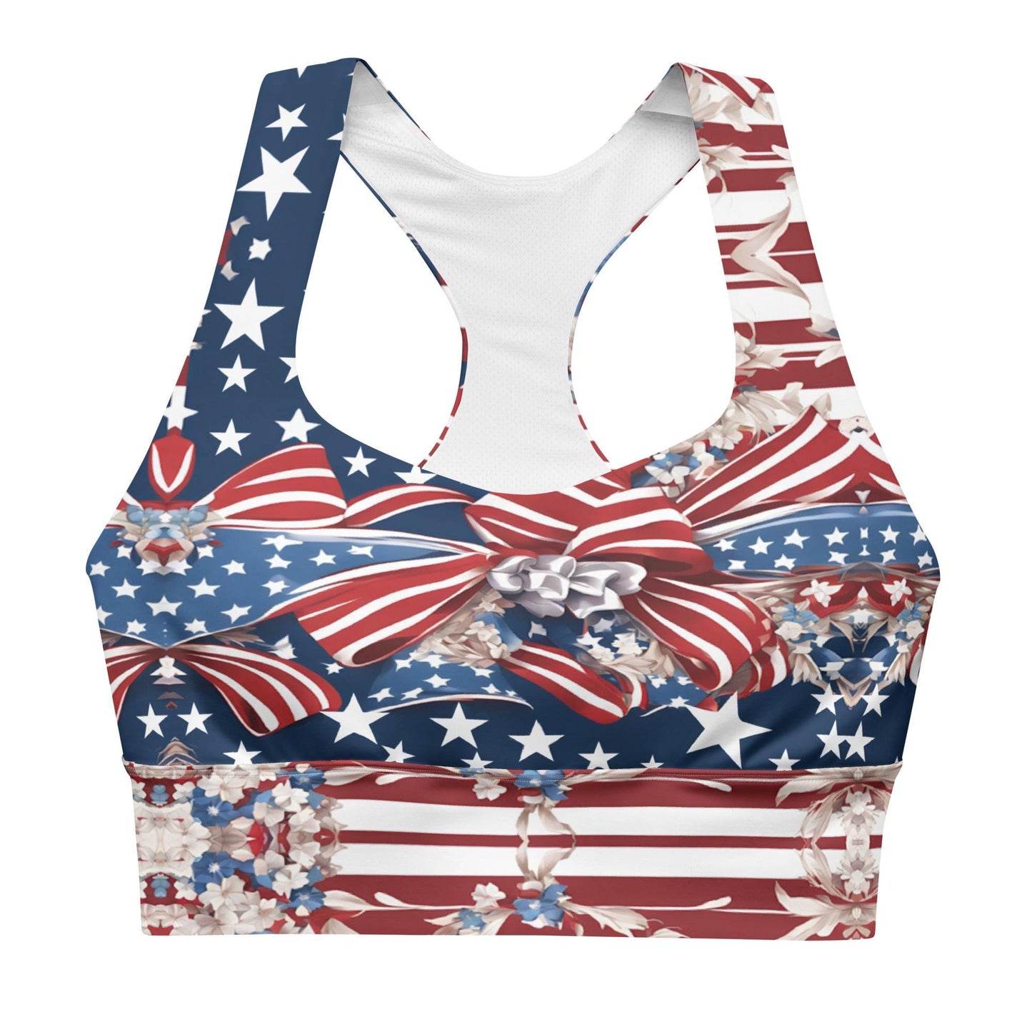 Patriotic USA Flag Inspired Recycled Longline Sports Bra, Independence Day Workout Top, Gym Yoga Bra, July 4th Unique Yoga Bra Athletic Wear - Printspirationz