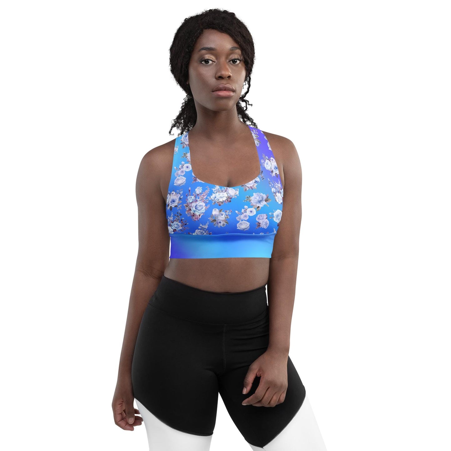 Stylish Blue Floral Longline Seamless Recycled Sports Bra | Sustainable & Supportive Design - Printspirationz