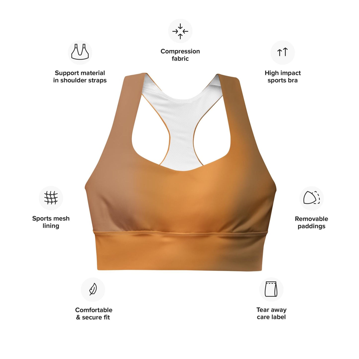 Stylish Brown Gradient Recycled Longline Sports Bra - Soft & Comfortable Activewear for Workouts - Trendy Athleisure Top for Fitness Yoga - Printspirationz