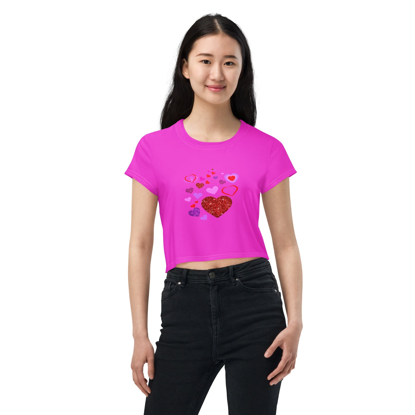 Trendy Heart Print Crop Top in Hot Pink Magenta - Women's Fashion Statement - Printspirationz