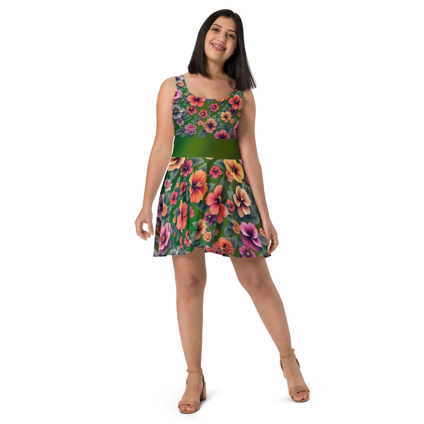 Tropical Floral Hibiscus Skater Dress | Green Background | Summer Dress for Women - Printspirationz