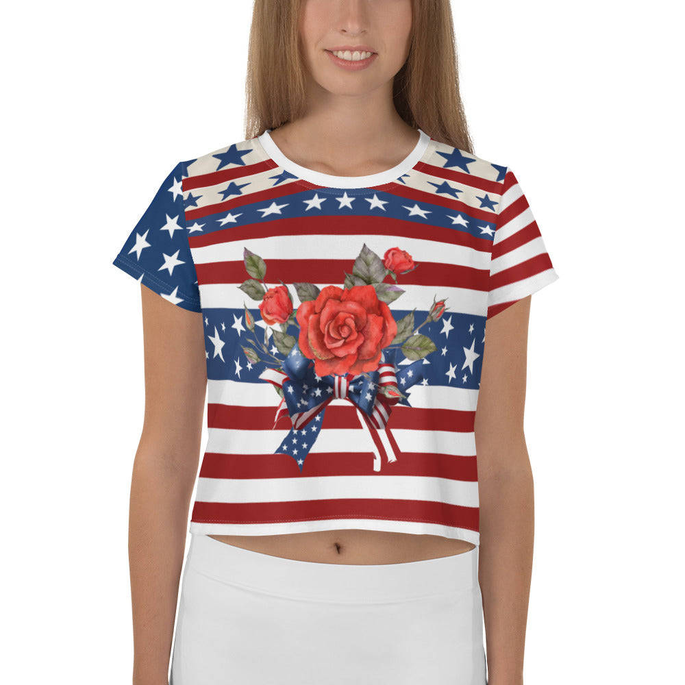 Women's Patriotic Crop Tee with USA Flag, Flowers, and Bows - Printspirationz